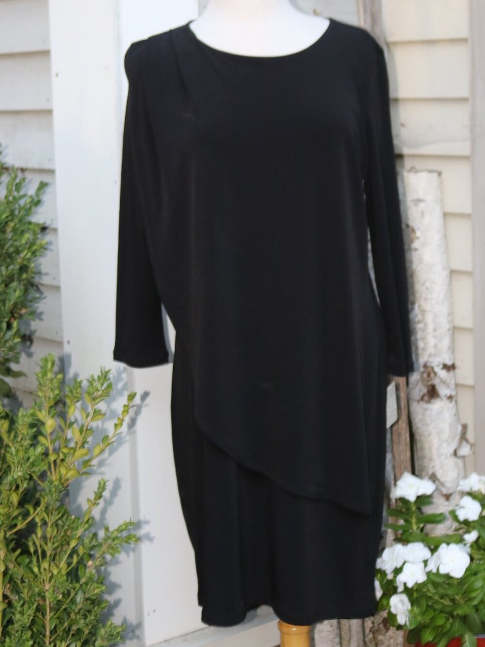NEW Clara Sun Woo Black Knit Layered Shoulder Pleats Long Sleeve Dress Sz LARGE